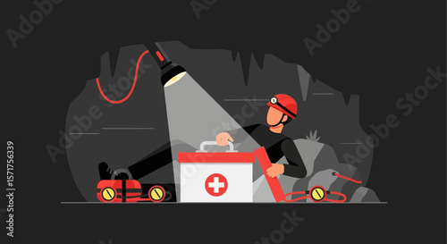 Cave Explorer With First Aid Kit Emergency Preparedness In An Underground Cavern