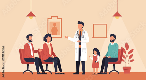 Family Visit To The Doctor In The Waiting Room Of A Medical Clinic