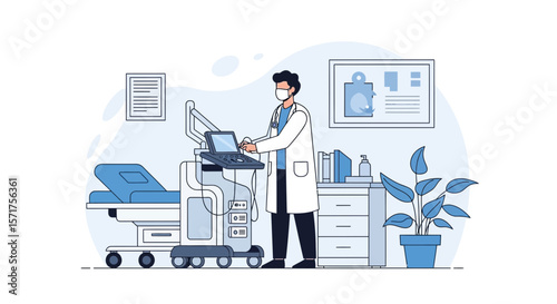 Medical Professional Operates Diagnostic Equipment in a Doctor's Examination Room