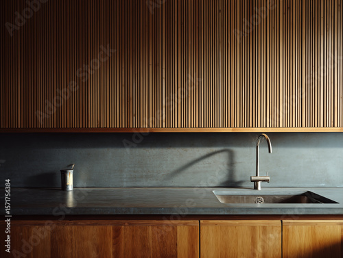 simple midcentury modern kitchen interior in dark wood and light with wooden wall panelling