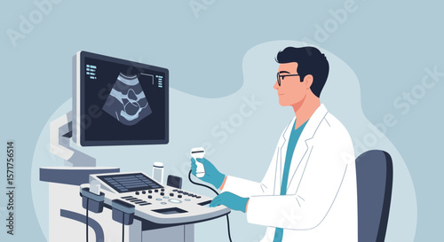 Medical Professional Performing An Ultrasound Examination In A Clinic Setting Illustration