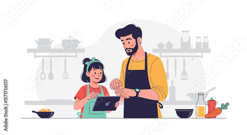 Father And Daughter Use Tablet For Recipes While Cooking Healthy Food At Home