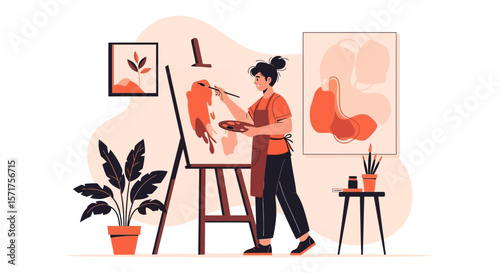 Female Artist Engaged In Painting Process Inside Creative Workspace Or Art Studio