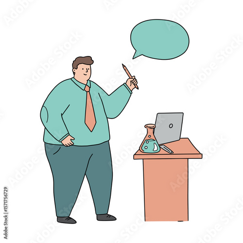 Plus-size teacher giving a lesson with a pen in hand and a laboratory flask at the desk