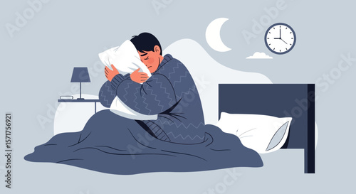 Sleepless Night Tormented Male Struggles Insomnia Depression Embracing Pillow