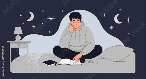 Sleepless Night Student Learning Problematic Book In Bedroom Under Moonlight Sky