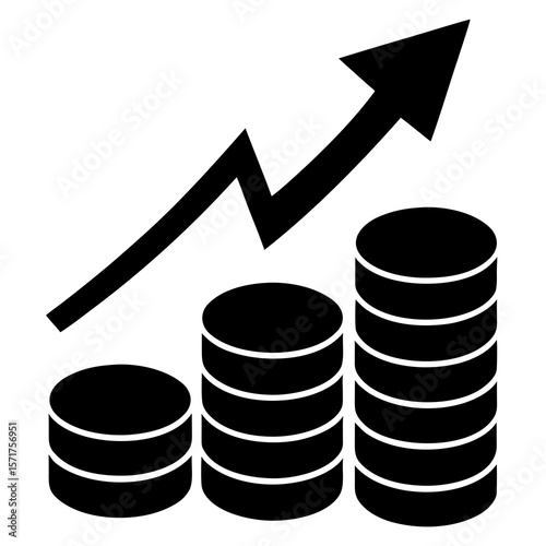 Illustration of Rising stacks of coins and upward trending arrow, financial growth.
