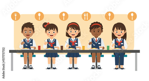 Smiling Pupils Enjoying Lunchtime At School Cafeteria Illustration Vector Design