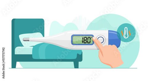 Checking Fever Temperature On Digital Thermometer With Hand Near Bed For Medical Diagnosis