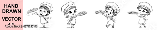 Adorable girl chef holding pizza hand drawn cartoon black and white vector art for children kitchen culinary food illustration doodle clipart coloring