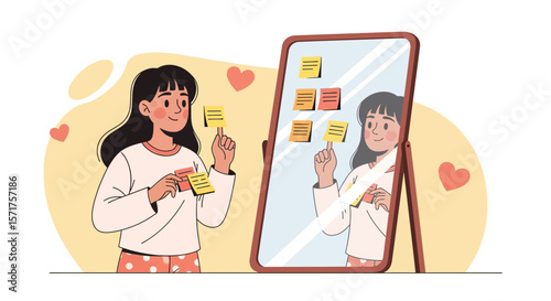 Smiling Young Woman Sticking Notes on a Mirror in Flat Design Style
