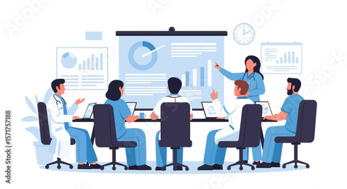 Medical Professionals Analyzing Data Together In Presentation Room Setting Illustration