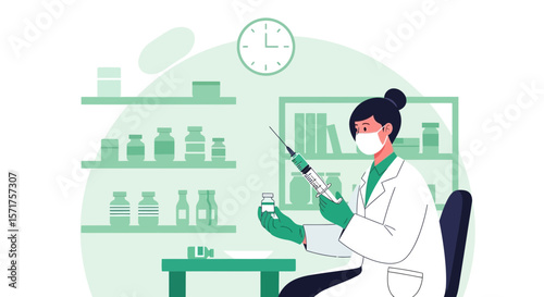 Female Doctor Preparing An Injection In Clinic With Medical Supplies And Clock