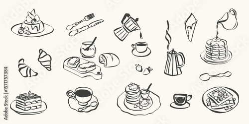 Whimsical chalk doodles of food and charcuterie. Quirky icons of breakfast and dinner meals in crayon style. Crayon drawing for menus and invitations. La dolce vita italian vector illustration
