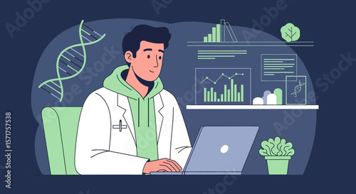Medical Researcher Analyzing Data And Performing Research On Laptop In Office Space