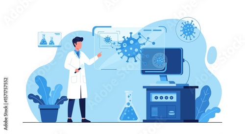 Medical Researcher Analyzing Viral Structure Displayed on Holographic Screen Interface
