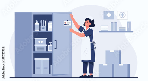 Female Healthcare Worker Organizes Medical Supplies In Storage Cupboard Area