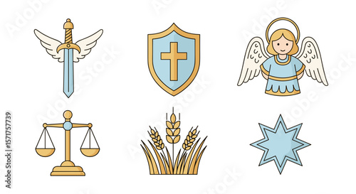 Christian symbols angel sword shield scales wheat star vector icons set