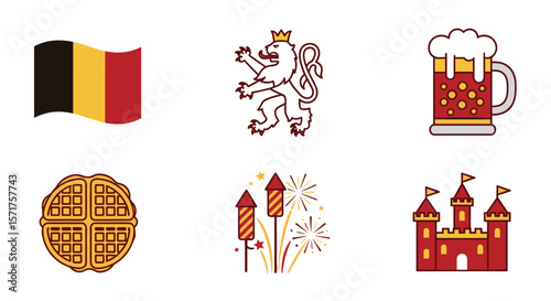 Belgium culture flag beer waffle lion fireworks castle vector icons set