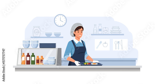 Cheerful Woman Works At A School Cafeteria Serving Food During Lunch Hour