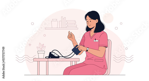 Female Medic Checking Blood Pressure With Sphygmomanometer In Clinic Office