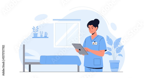 Female Medic With Digital Tablet Examining Patient Room Illustration