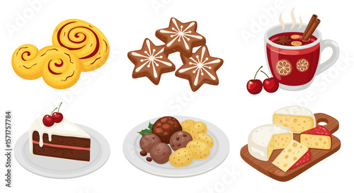 Festive holiday food and drink assortment with cookies and cheese