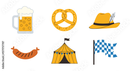 Oktoberfest beer pretzel sausage tent hat flag vector illustration