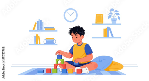 Cheerful Young Boy Creatively Playing Building Blocks On Carpet At Home