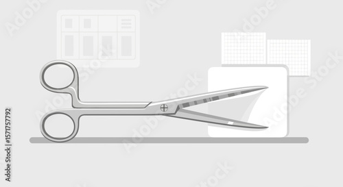 Sterile Surgical Scissors With Gauze Pad And Medical Forms In Operating Theater