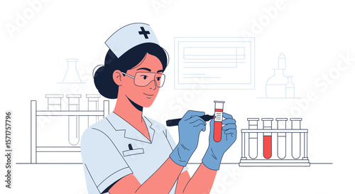 Female Medical Professional Analyzing Blood Sample In Laboratory Setting For Diagnosis