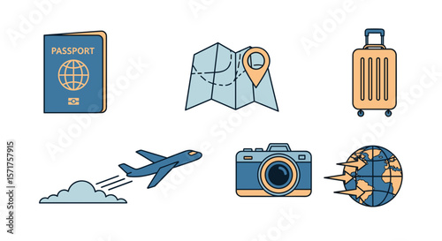 Travel planning essentials passport map luggage and camera vector art