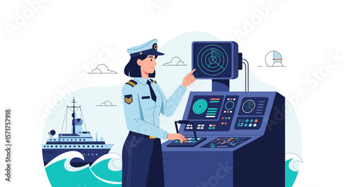 Female Naval Officer Navigating Ship Using Advanced Radar Technology On The Bridge