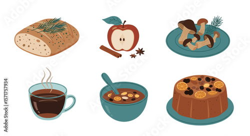 Autumnal harvest food illustration featuring bread apple and dessert