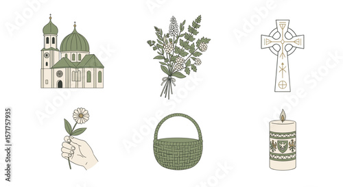 Church flowers cross basket candle hand drawing vector illustration