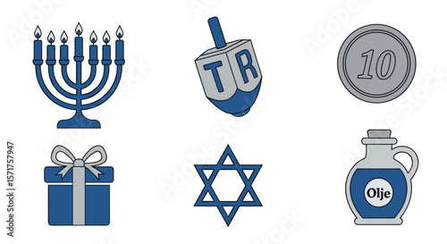 Hanukkah symbols menorah dreidel gifts star of david and oil clip art