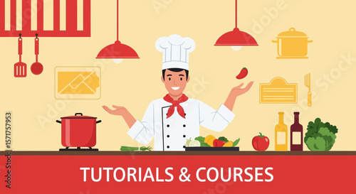 Chef Presenting Cooking Tutorials And Courses Concept On Kitchen Background