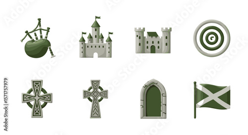 Scottish culture icons bagpipe castle cross flag target vector design