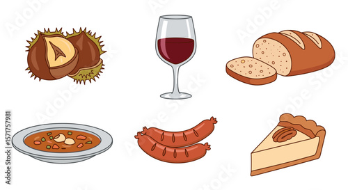 Delicious autumn feast featuring wine bread soup sausages and dessert