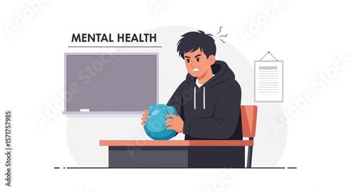 Stressed Student Squeezing Ball Expressing Negative Feelings In Classroom Illustration