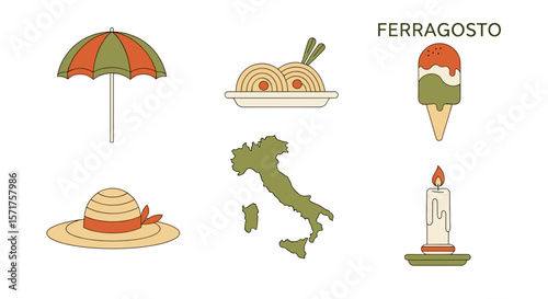 Celebrate italian summer holiday ferragosto with beach and food icons