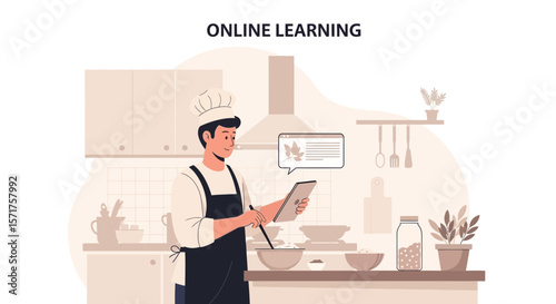 Chef Taking Online Cooking Class Using Tablet In Kitchen Illustration
