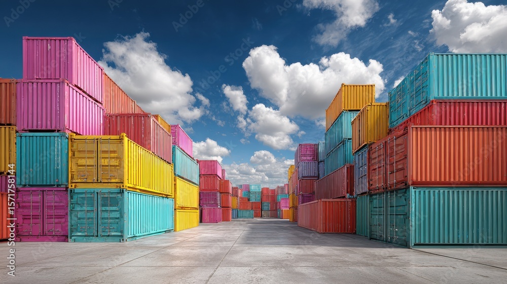custom made wallpaper toronto digitalShipping containers stacked in a colorful urban yard under a bright blue sky with clouds, highlighting logistics, transportation, and industrial background.