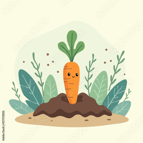 Happy carrot sprouting from soil among green leaves in cute garden setting
