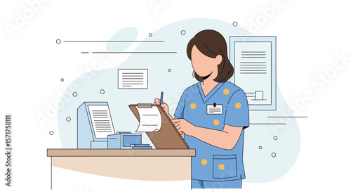 Female Nurse Taking Notes In A Hospital Room With Medical Equipments