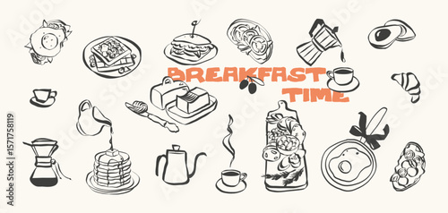 Whimsical chalk doodles of food and charcuterie. Quirky icons of breakfast and dinner meals in crayon style. Crayon drawing for menus and invitations. La dolce vita italian vector illustration