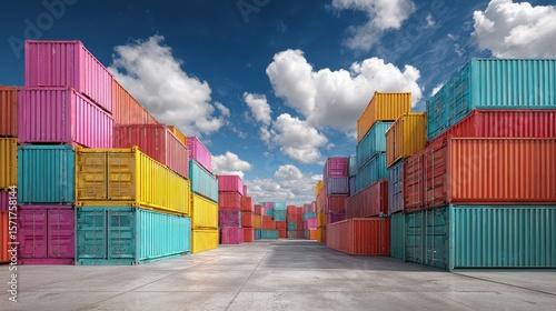 Wallpaper Mural Shipping containers stacked in a colorful urban yard under a bright blue sky with clouds, highlighting logistics, transportation, and industrial background. Torontodigital.ca