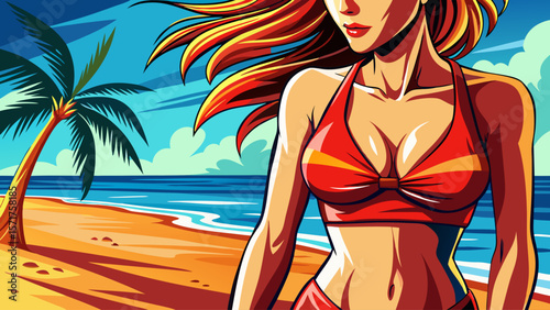 Young woman wearing red bikini walking on the beach