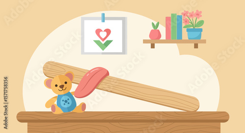 Childhood Room Illustration Featuring a Stuffed Bear and a Wooden Play Structure
