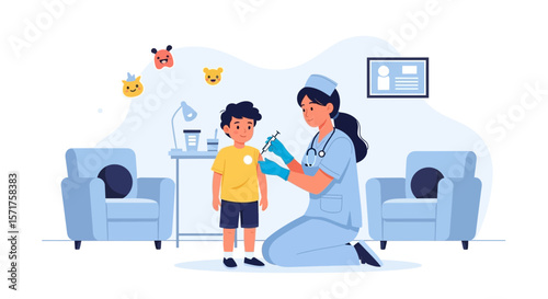 Childhood Vaccination Drive Concept Nurse Giving Injection to a Boy in Clinic